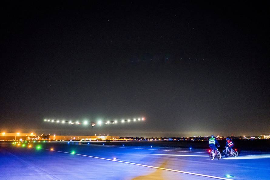 Solar Impulse 2, a solar-powered plane, lands at Tulsa International Airport