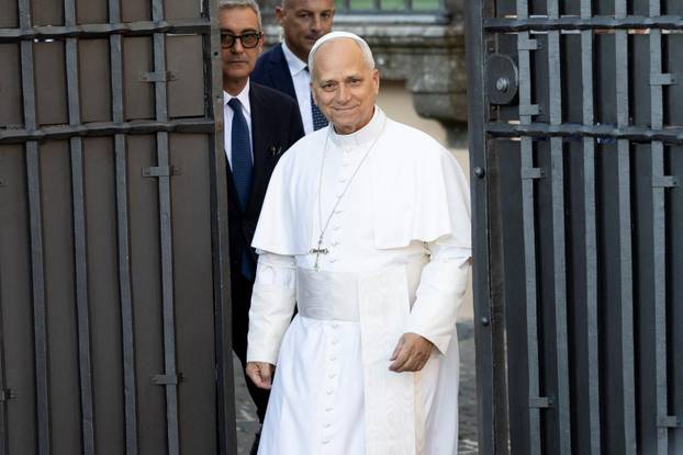 Pope Leo XIV speaks to members of media in Castel Gandolfo