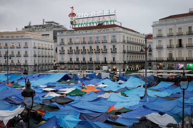 Demonstrators camp in Puerta del Sol square in Madrid