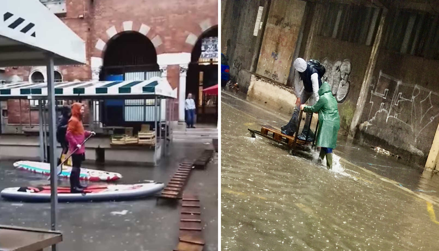 Rijeka u poplavi, ljudi do posla putuju daskom za surfanje