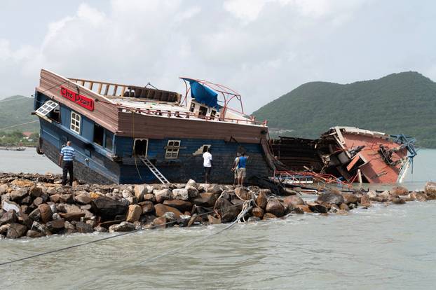 The "pirate" party boat The Pearl is stuck on rocks after Hurricane Beryl passed in Gros Islet