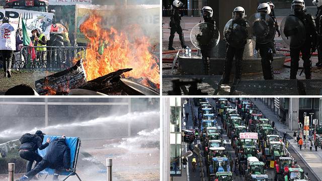 Dramatični prizori ispred EU parlamenta: Seljaci palili gume i sijeno, policija ih  tjera vodom