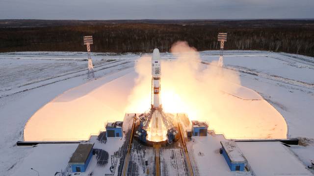 The Souyz-2 spacecraft with Meteor-M satellite and 18 additional small satellites launches from Russia's new Vostochny cosmodrome, near the town of Tsiolkovsky in Amur region