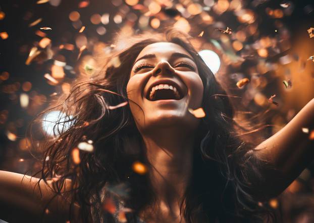 Portrait of a happy young woman with headphones dancing at a music festival