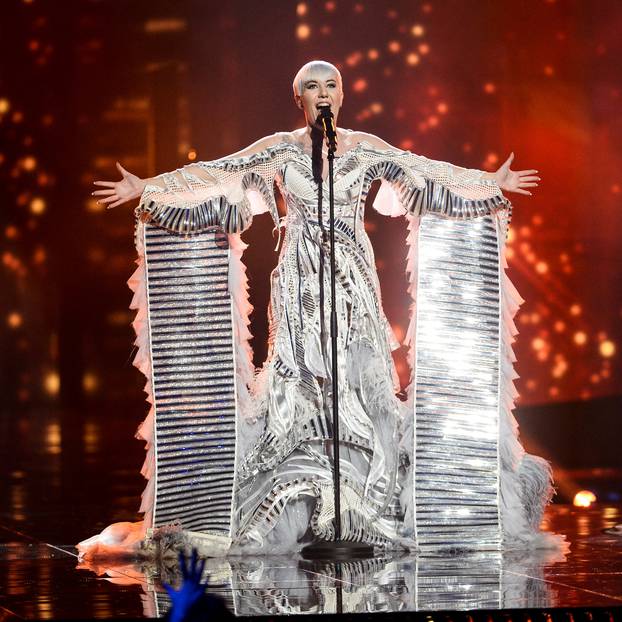 Nina Kraljic representing Croatia performs with the song "Lighthouse" during the Eurovision Song Contest final at the Ericsson Globe Arena in Stockholm