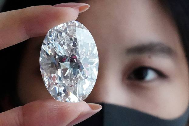 A perfect 100+ carat diamond that Sotheby's will be auctioning off in Hong Kong in October is pictured