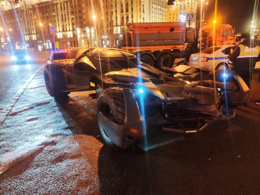 A vehicle resembling the Batmobile from the film "Batman v Superman: Dawn of Justice" stopped by traffic police in Moscow, is seen in this handout photo