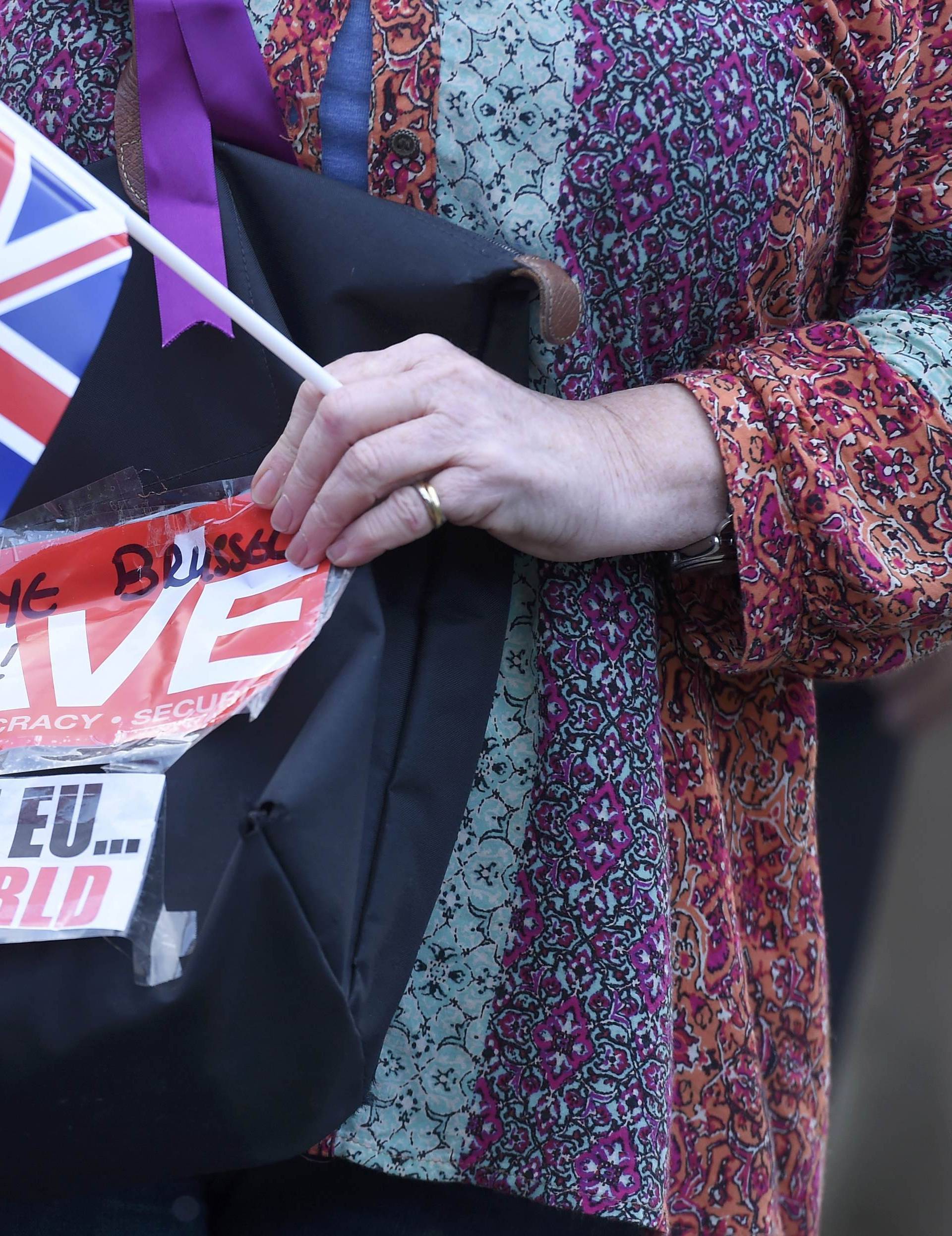 A vote leave supporter holds a poster in Westminster, London