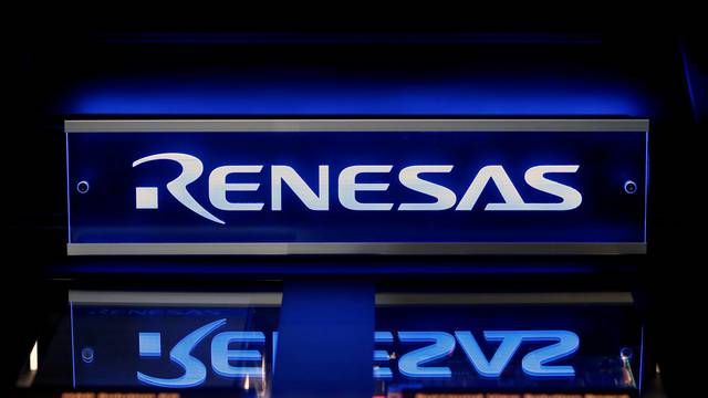 FILE PHOTO: Renesas Electronics Corp's logo is seen on its product at the company's conference in Tokyo