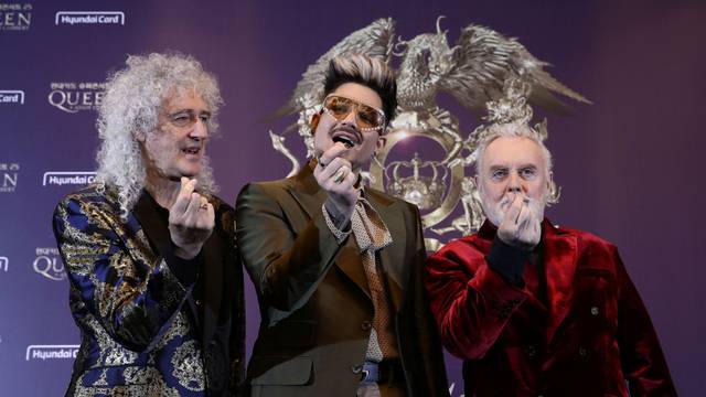 Brian May, Adam Lambert and Roger Taylor of Queen attend the news conference ahead of the Rhapsody Tour at Conrad Hotel in Seoul, South Korea