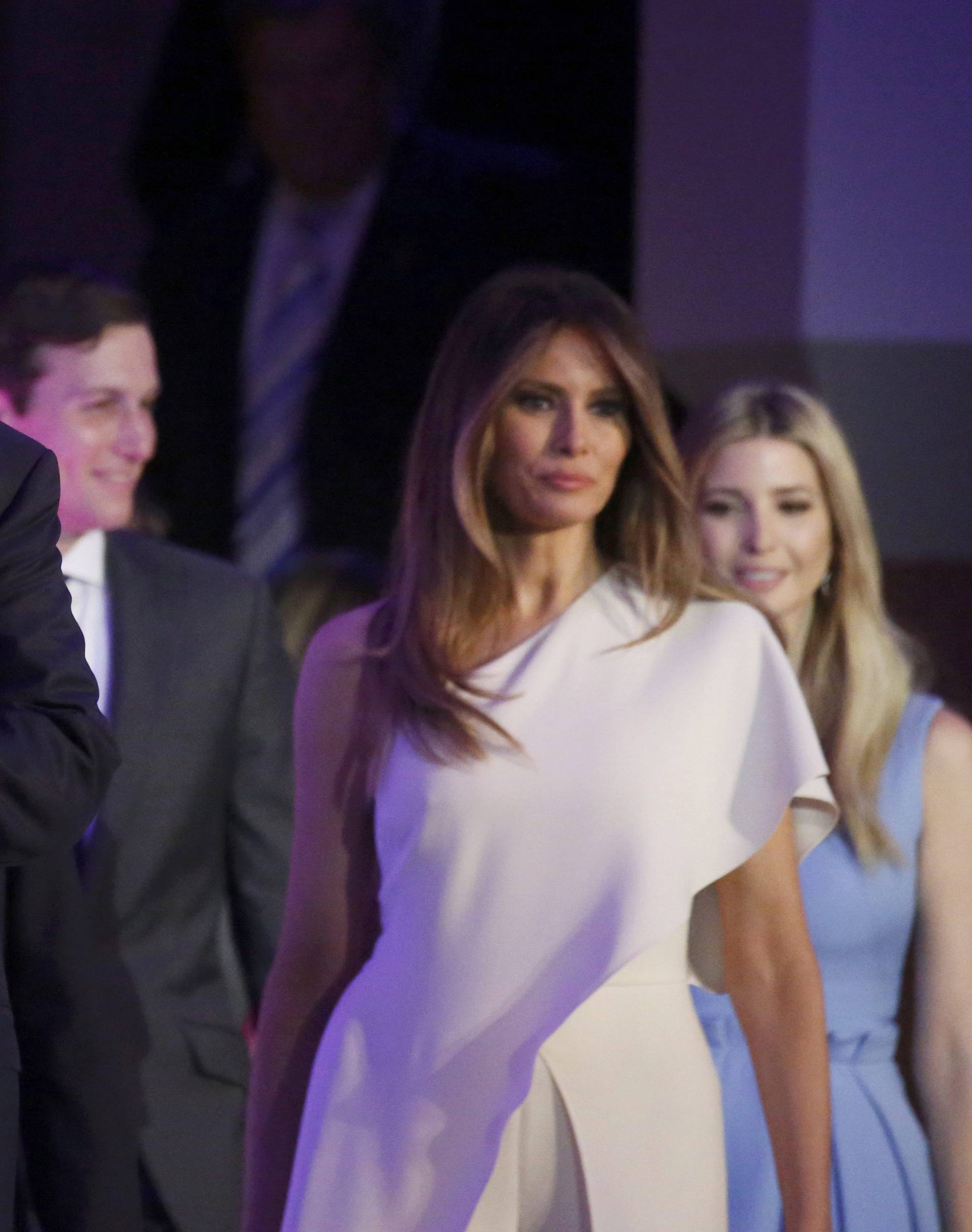 Republican U.S. president-elect Donald Trump stands wife Melania and family at his election night rally in Manhattan, New York