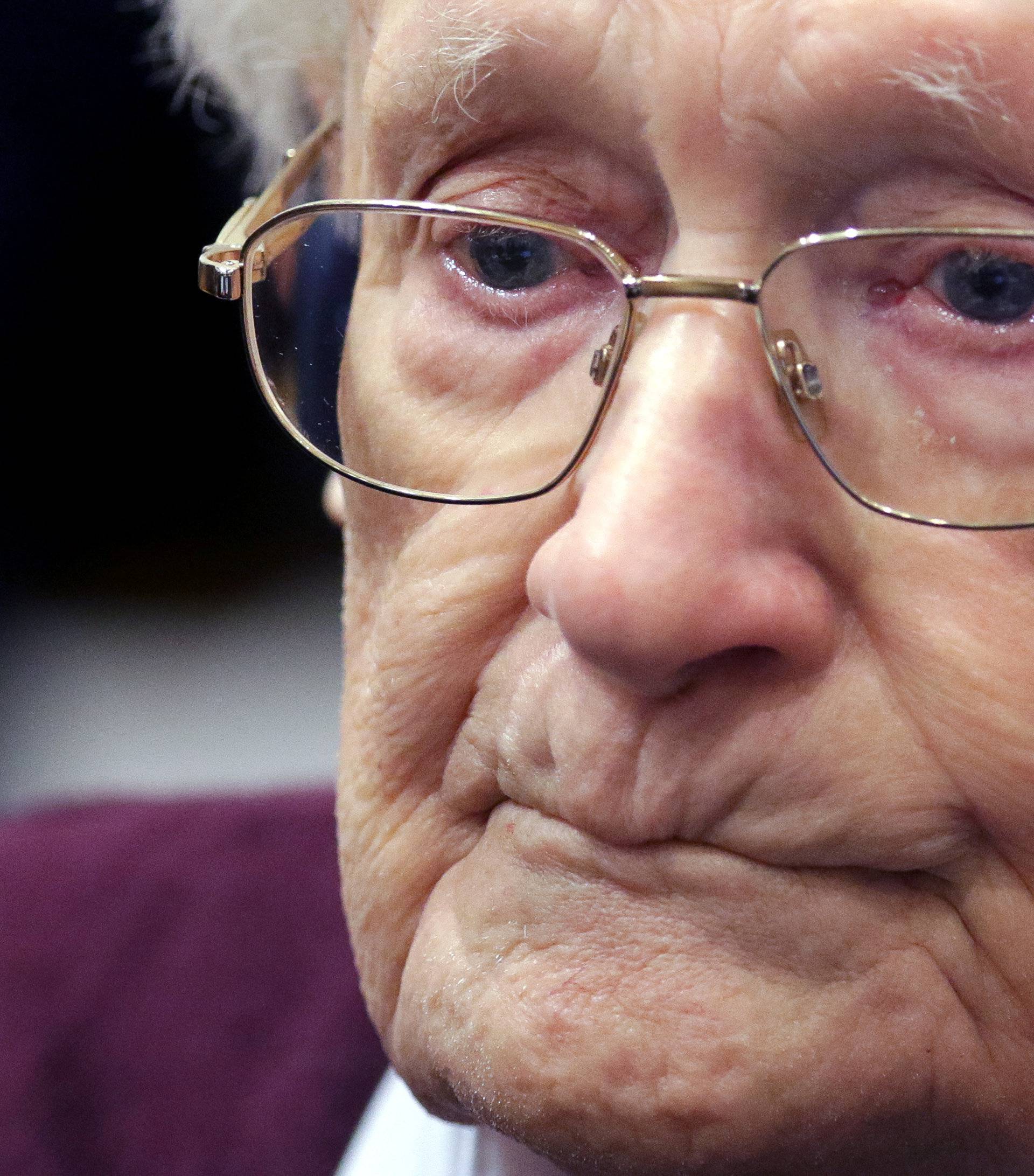 FILE PHOTO: Groening, defendant and former Nazi SS officer dubbed the "bookkeeper of Auschwitz", is pictured in the courtroom during his trial in Lueneburg