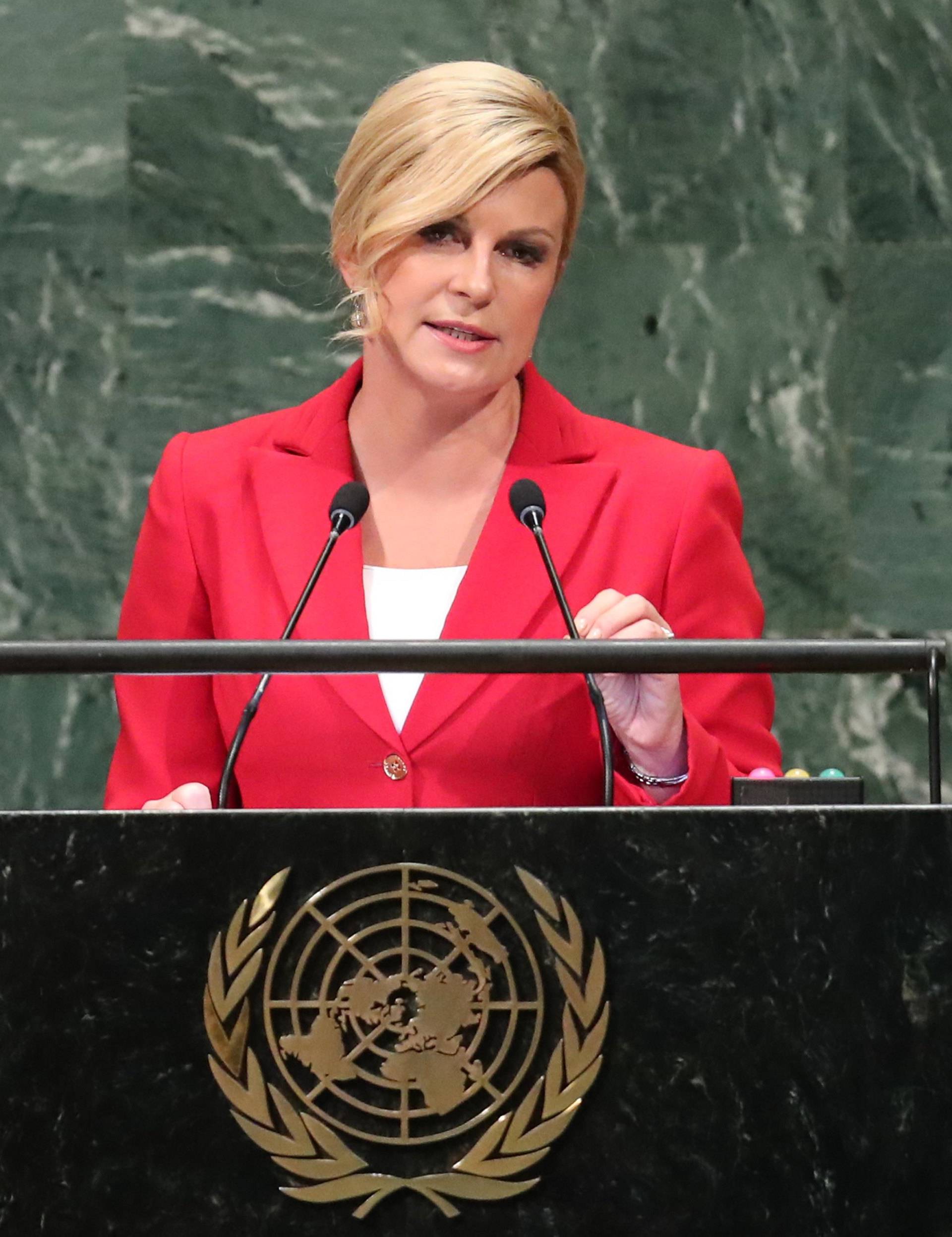Croatia's President Kolinda Grabar-Kitarovic addresses the United Nations General Assembly in New York