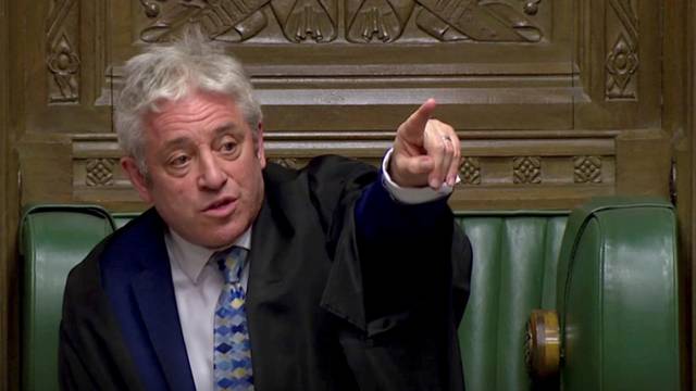 FILE PHOTO: Speaker of the House John Bercow gestures as he speaks after tellers announced the results of the vote Brexit deal in Parliament in London