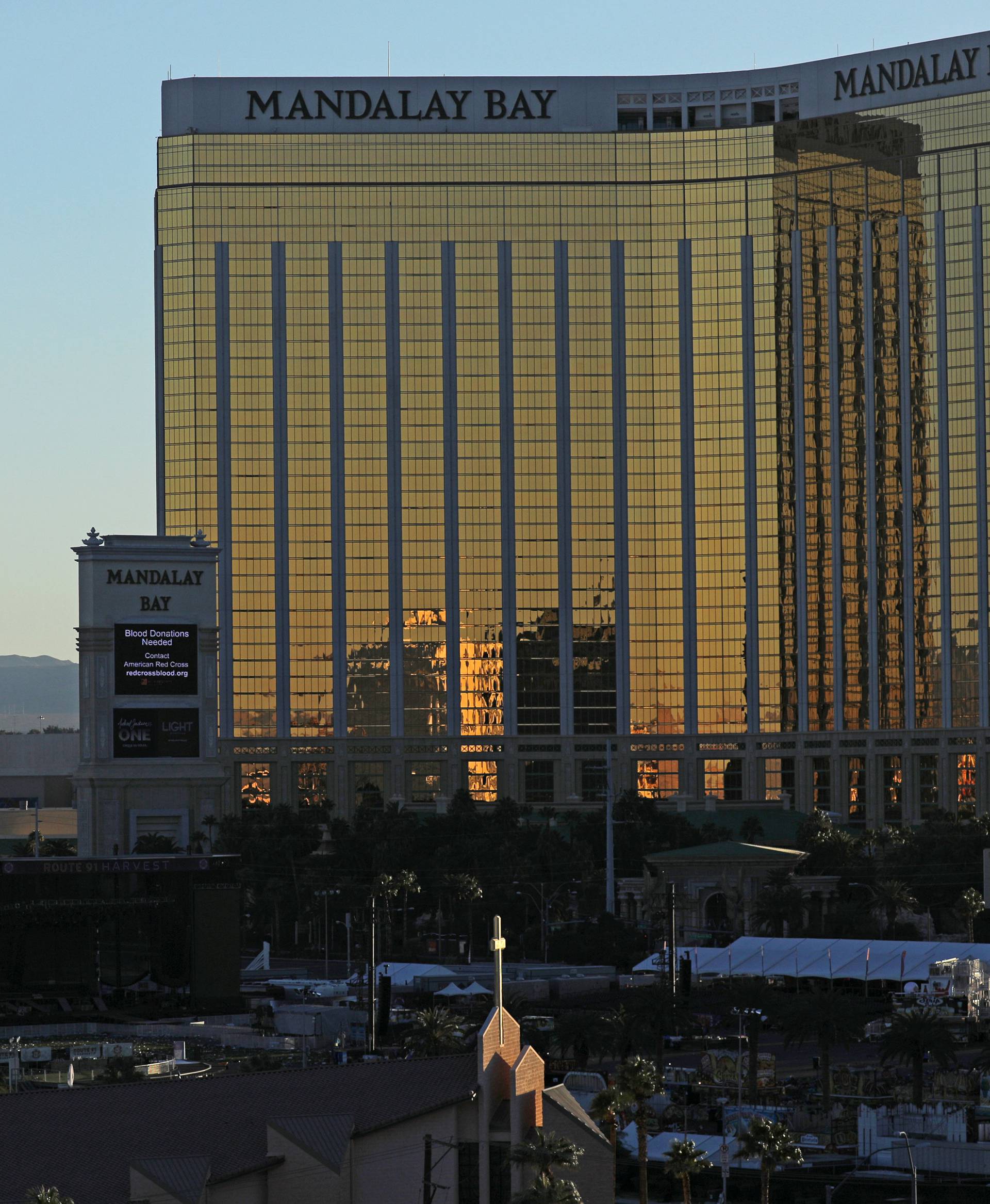 The scene in front of the stage and its surrounding areas are seen following a mass shooing at the Route 91 Harvest Country Music Festival on the Las Vegas Strip in Las Vegas, Nevada