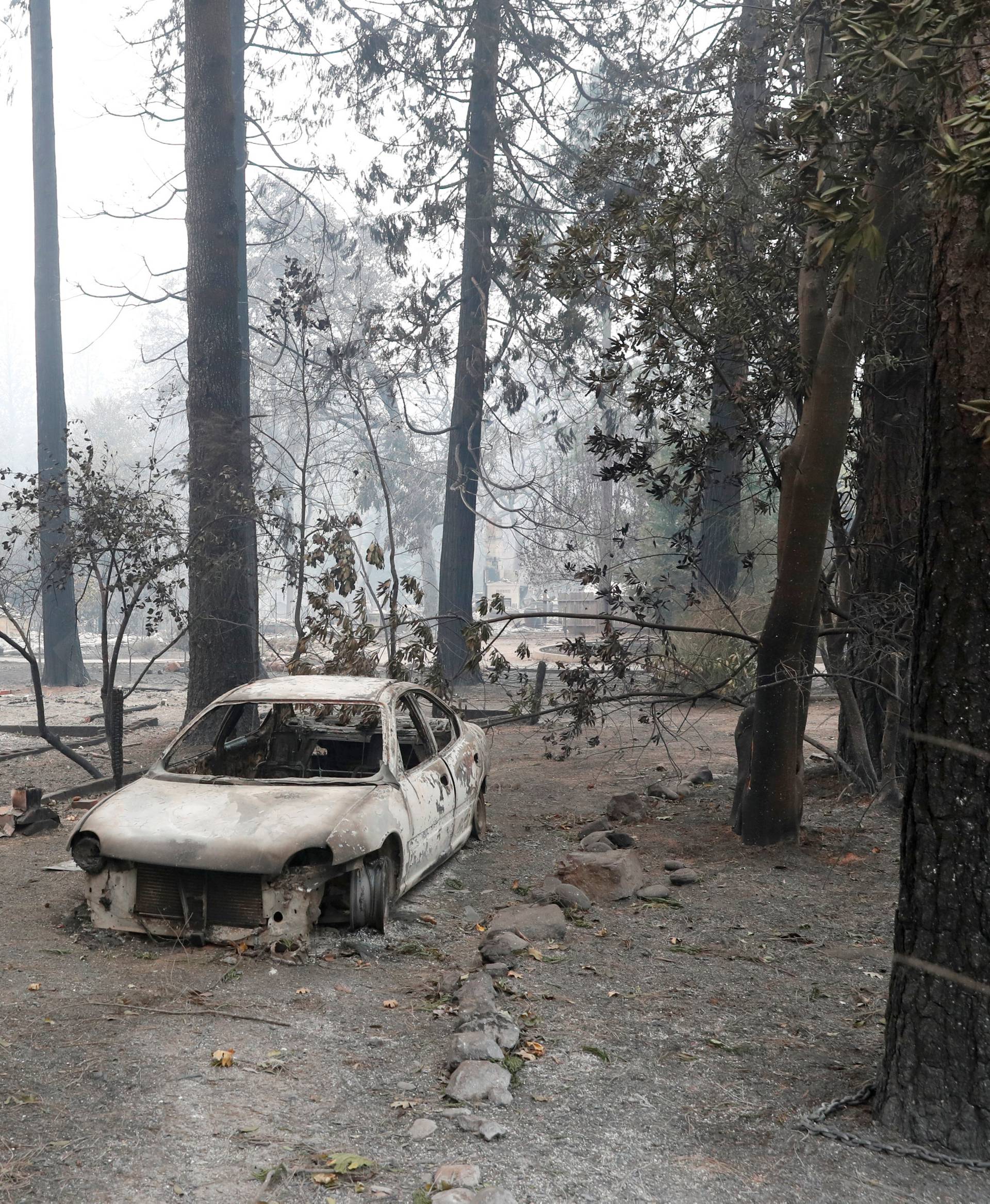 A car destroyed by the Camp Fire is seen in Paradise