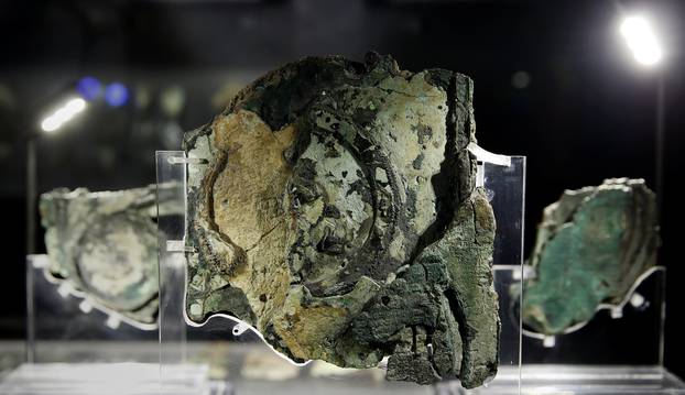 Fragments of the ancient Antikythera Mechanism are displayed at the National Archaeological Museum in Athens