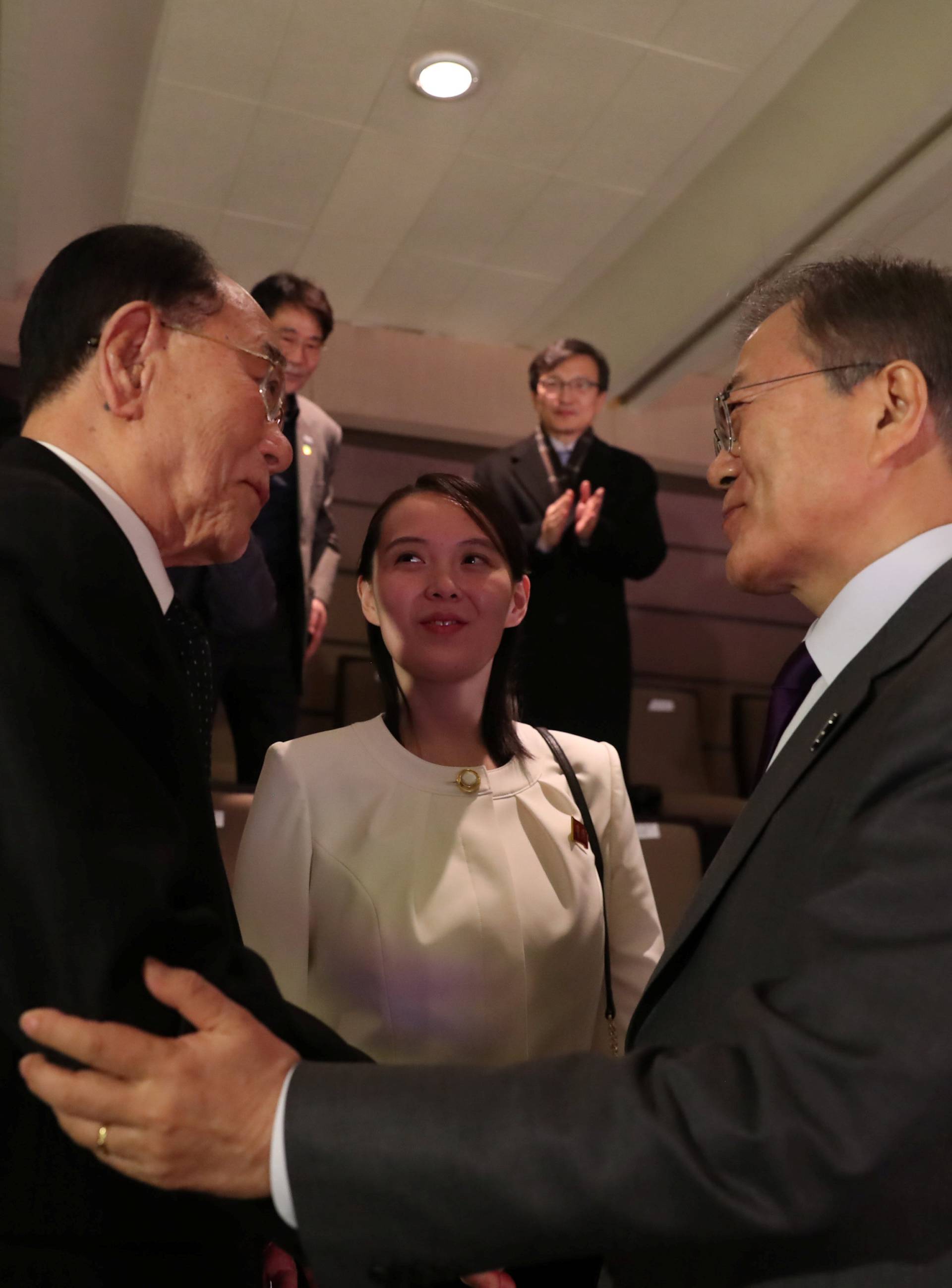 South Korean President Moon Jae-in talks with president of the Presidium of the Supreme People's Assembly of North Korea Kim Young Nam after watching North Korea's Samjiyon Orchestra's performance in Seoul