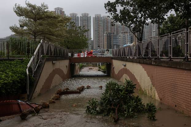 Floodwater inundates a bicycle tunnel in the aftermath of Super Typhoon Ragasa in Hong Kong