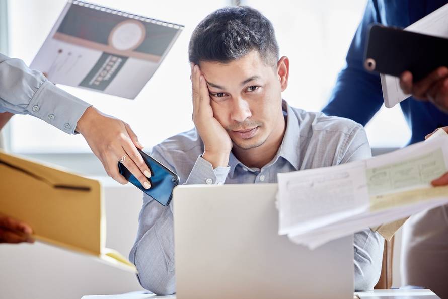 Hands,,Portrait,Or,Businessman,With,Multitasking,Stress,In,Office,Or