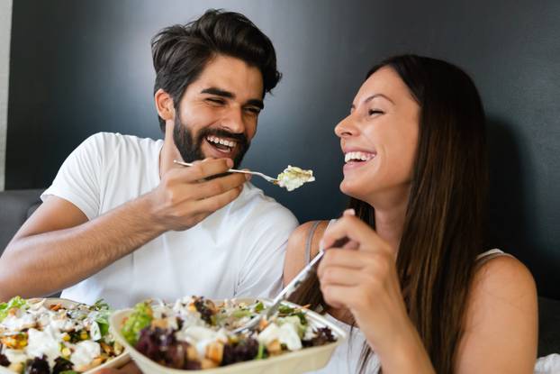 Beautiful happy couple in love in morning, spending time together