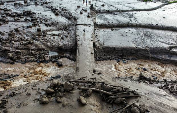 A drone view shows an area affected by heavy rain brought flash floods and landslides in Tanah Datar