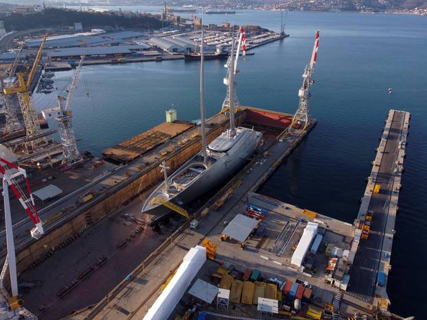 The superyacht from Russian billionaire Andrey Igorevich Melnichenko is seen in port of Trieste