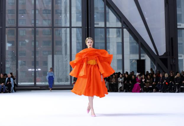 A model presents a creation from the Carolina Herrera Fall 2020 collection during New York Fashion Week