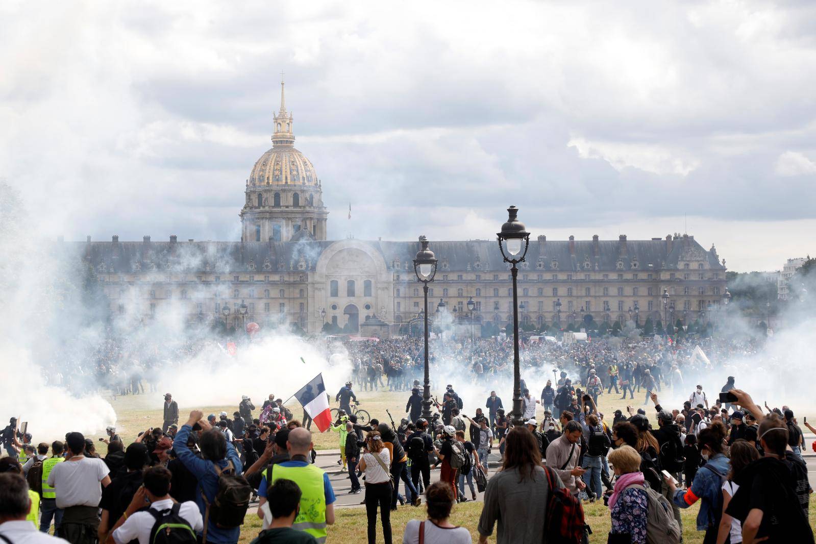 French health workers attend a protest in Paris