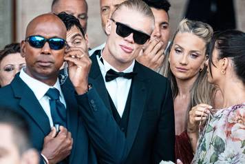 Locorotondo (Bari), Italy. 24 July 2026. Erling Haaland arrives at the wedding ceremony of Italy and Manchester City goalkeeper Gianluigi Donnarumma and Alessia Elefante at the Church of San Giorgio Martire in Locorotondo, southern Italy. Photo by Mattia 