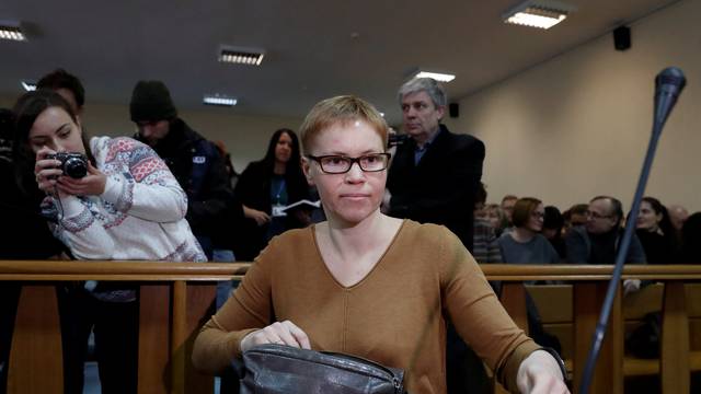 Zolotova, editor-in-chief of Tut.by independent news website, who was accused of illegally obtaining information from a state-run news agency, arrives to attend a court hearing in Minsk
