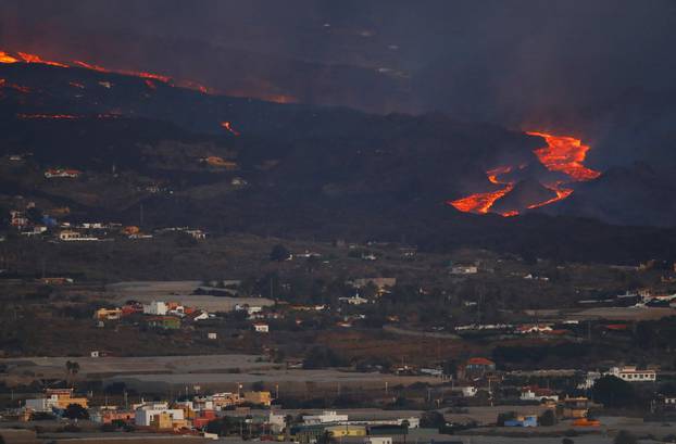 Lava flows following the eruption of a volcano on the Canary Island of La Palma