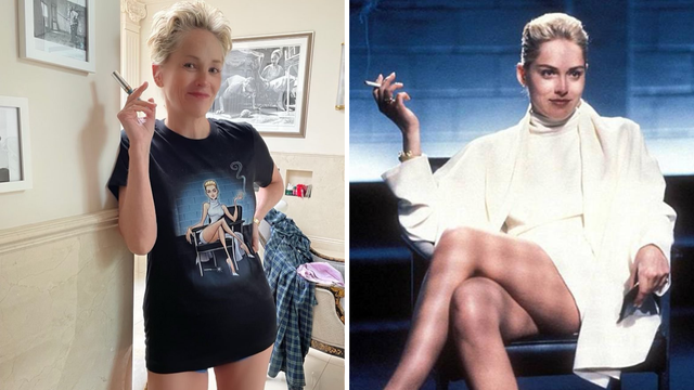 Sharon Stone pozira bez hlača u majici s printom planetarno poznate scene  iz 'Sirovih Strasti'