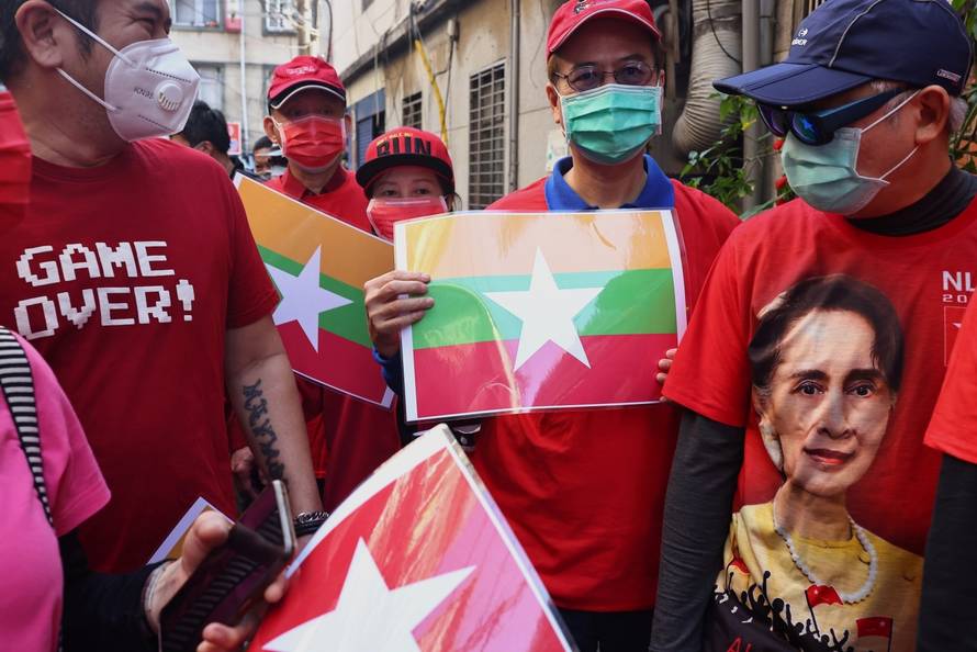 Members of the Burmese community in Taipei protest against the Myanmar military coup in Little Burma, home to many of Taiwan's Burmese immigrants, in Taipei
