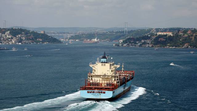 FILE PHOTO: An oil tanker passes through the Bosphorus to the Black Sea in Istanbul