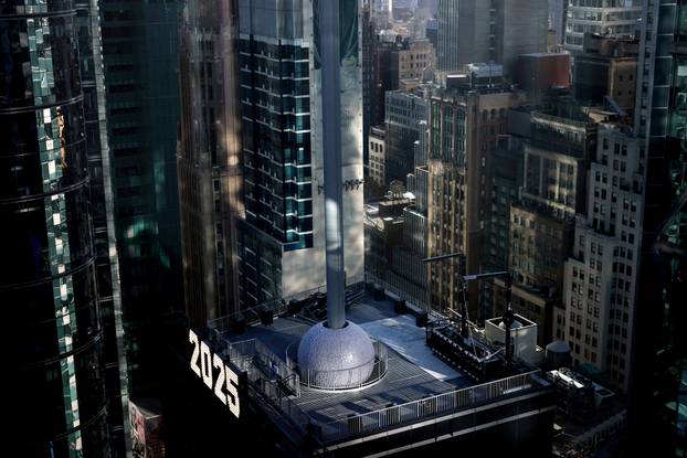 A newly created New Year's eve ball adorned with 5,280 Waterford crystals atop One Times Square in New York
