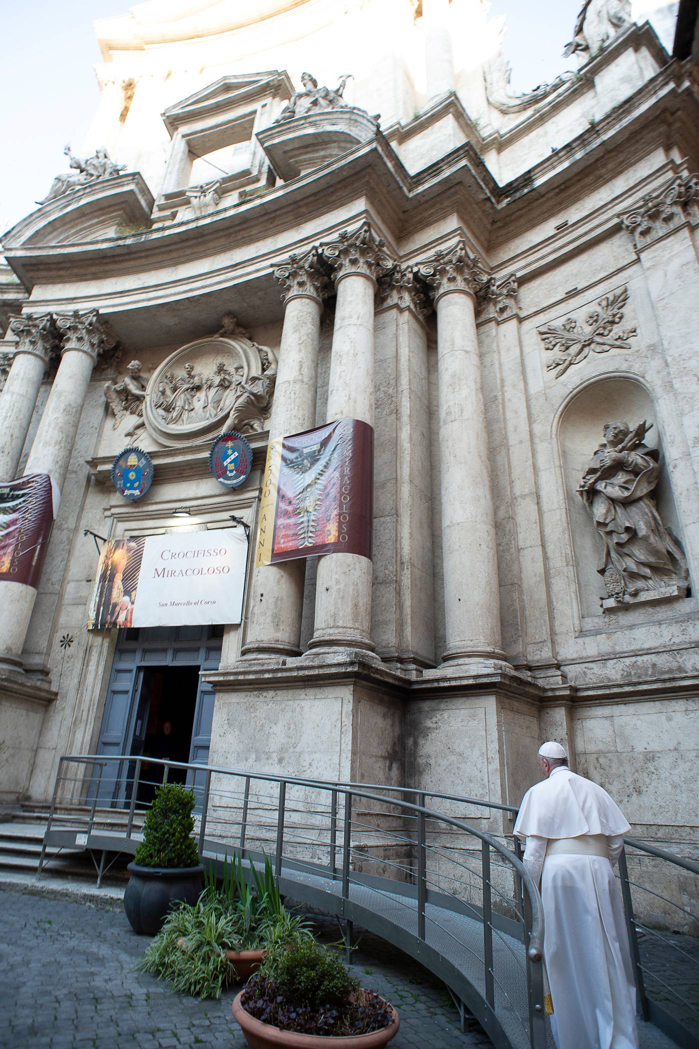 Pope Francis arrives at San Marcello al Corso church to pray for the end of the coronavirus pandemic, in Rome