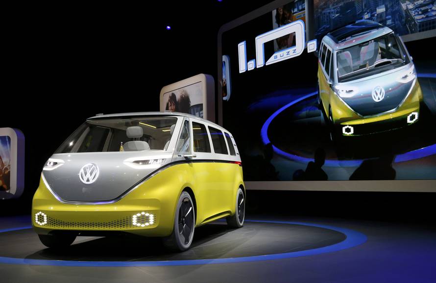 Volkswagen's electric I.D. Buzz concept vehicle is displayed during the North American International Auto Show in Detroit