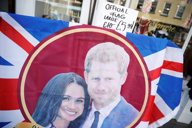 A Harry and Meghan Royal wedding themed Union Flag is sold at at a discount at a souvenir shop in Windsor