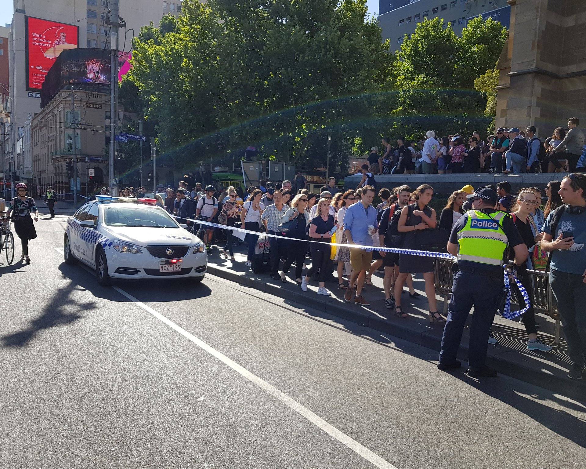 Flinders St station is blocked by the police following the car incident in Melbourne