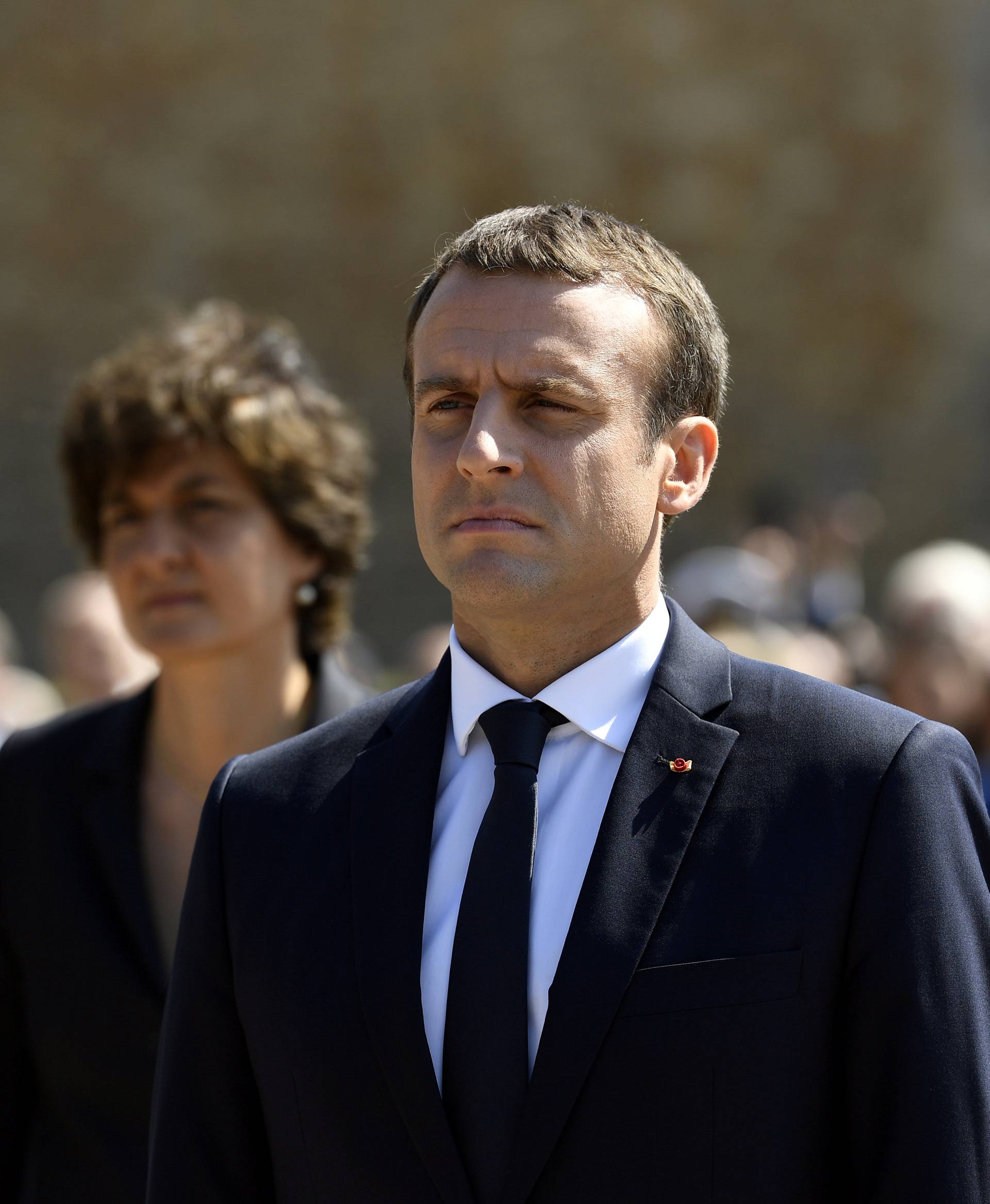 French President Emmanuel Macron attends a ceremony marking the 77th anniversary of late French General Charles de Gaulle's appeal of June 18, 1940, at the Mont Valerien memorial in Suresnes