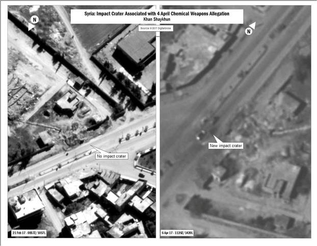 A combination image released by the U.S. Department of Defense which they say shows the impact crater associated with April 4, 2017 Chemical Weapons Allegation