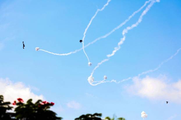 Israel's Iron Dome anti-missile system intercepts rockets launched from the Gaza Strip, as seen from Sderot