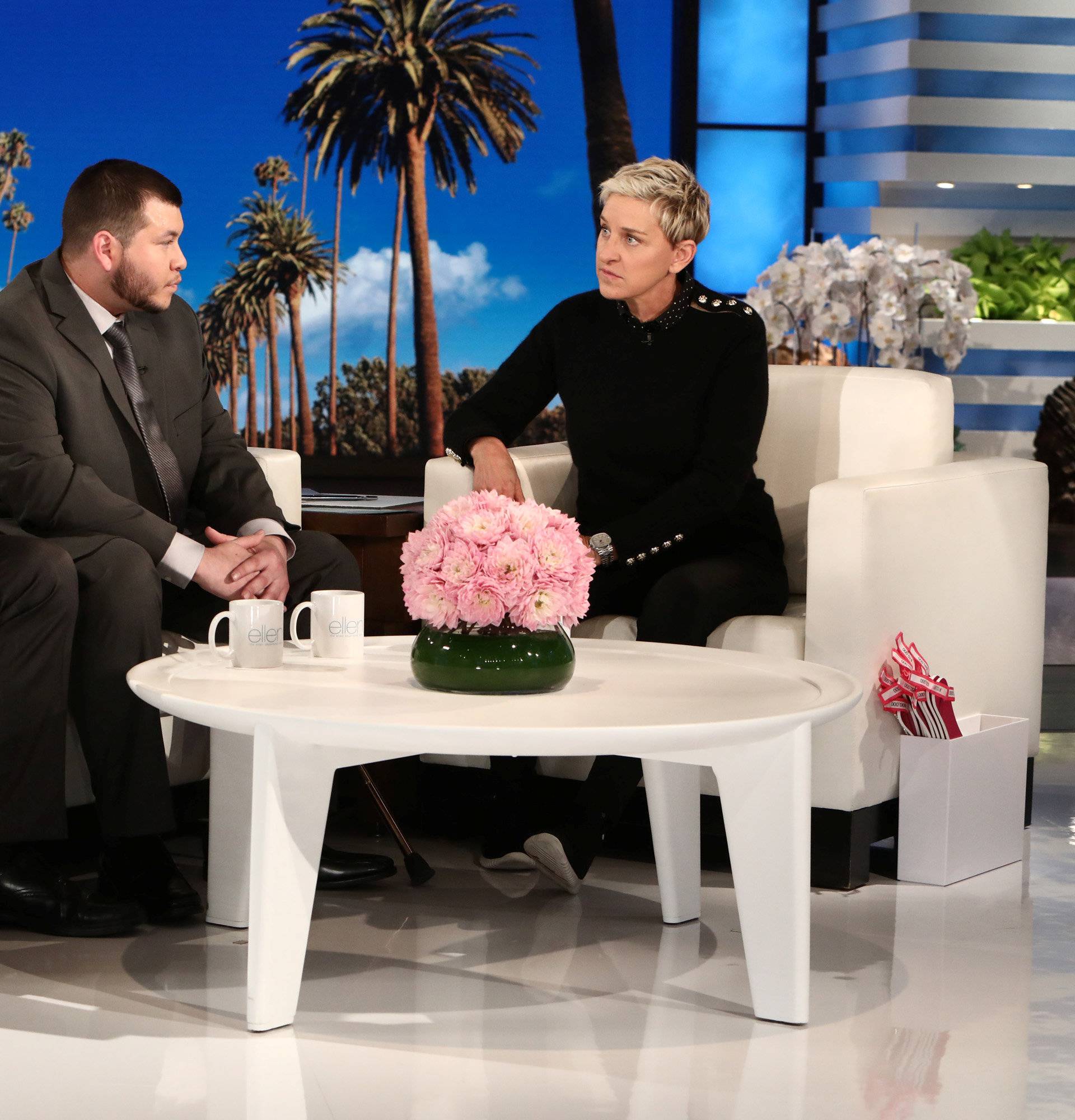 Schuck and Campos of the Mandalay Bay hotel are interviewed during the taping of  "The Ellen DeGeneres Show" in Burbank