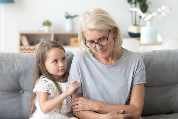 Cute,Little,Girl,Hug,Upset,Grandmother,Feel,Sad,And,Down