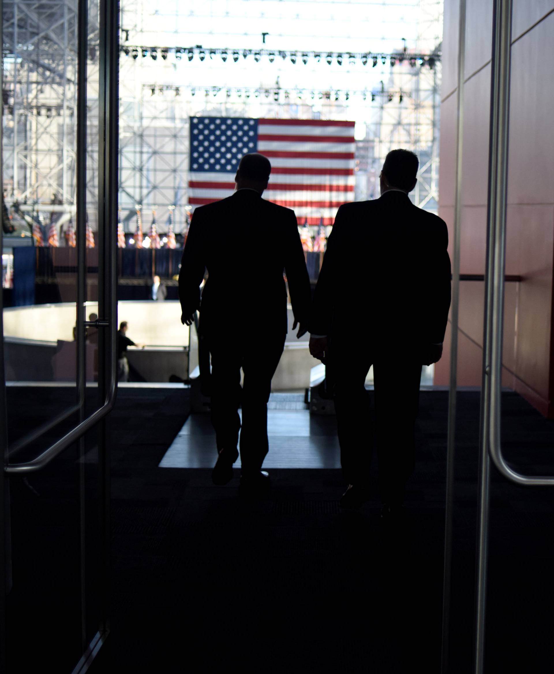 Secret Service agents walk through an auxiliary area ahead of Democratic U.S. presidential nominee Hillary Clinton's election night rally at the Jacob K. Javits Convention Center in New York