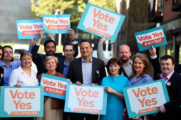 Taoiseach Leo Varadkar and other ministers poses at a Fine Gael party event pressing for a 