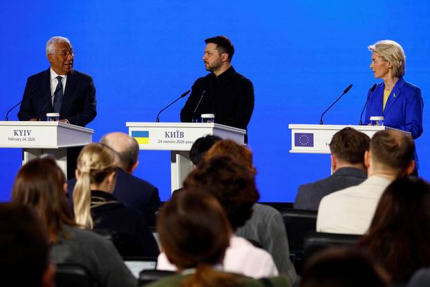 Ukraine's Zelenskiy, and EU's von der Leyen and Costa attend press conference on fourth anniversary of Russia's full-scale invasion, in Kyiv