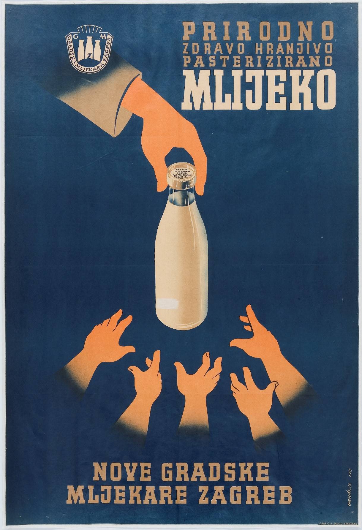 Poster za novi proizvod Novih gradskih mljekara Zagreb (preteče Dukata): Pasterizirano mlijeko u staklenoj boci.