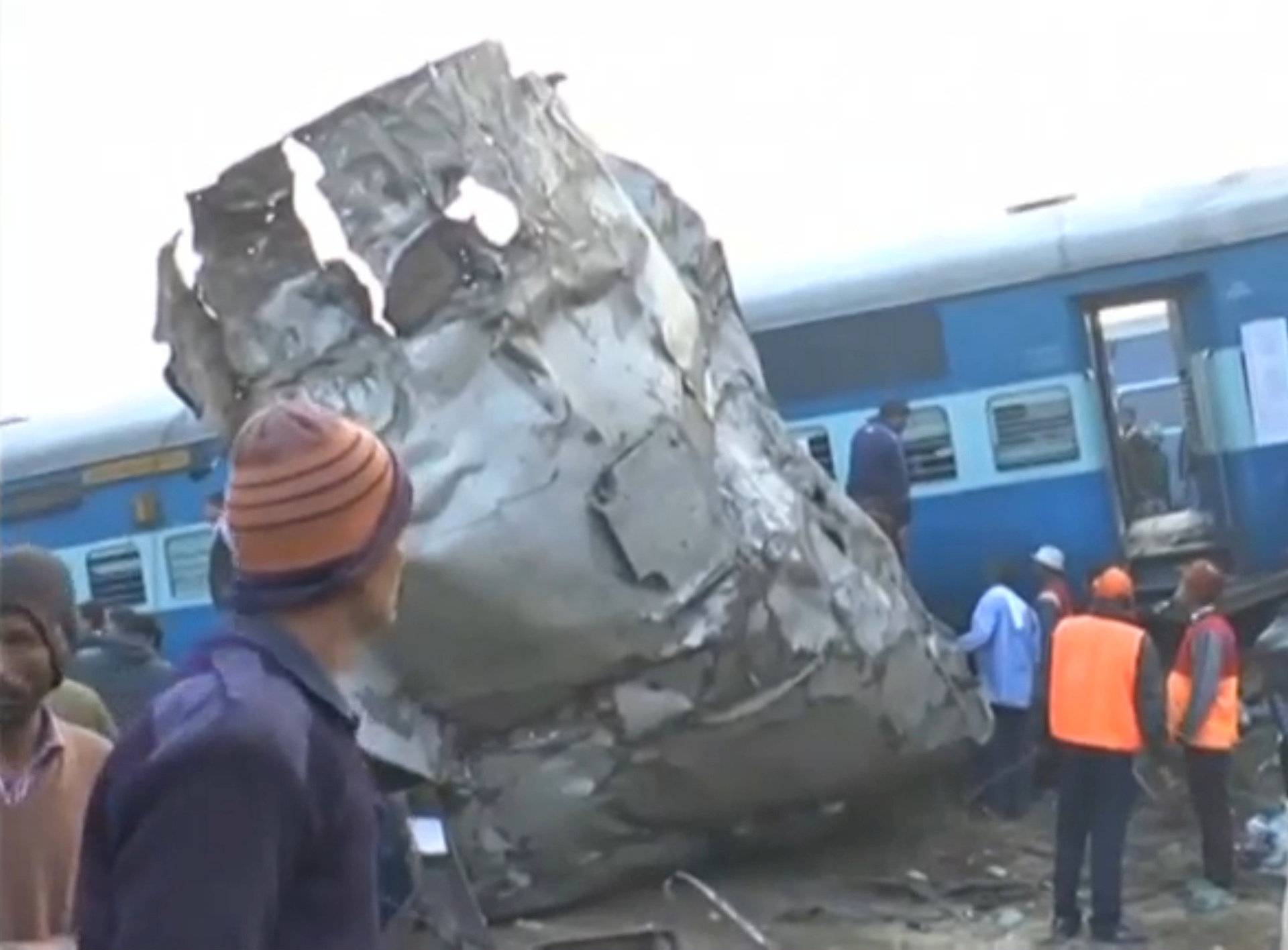 A view of a derailed train in Kanpur, in India's northern state of Uttar Pradesh